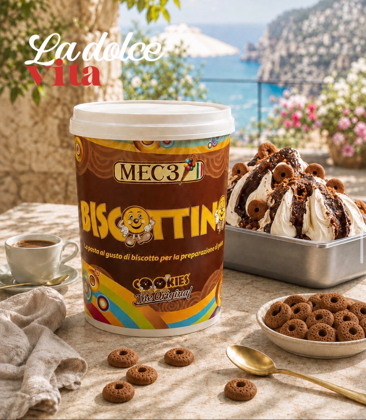 Pasta MEC3 Biscottin vedle gelata zdobeného sušenkami