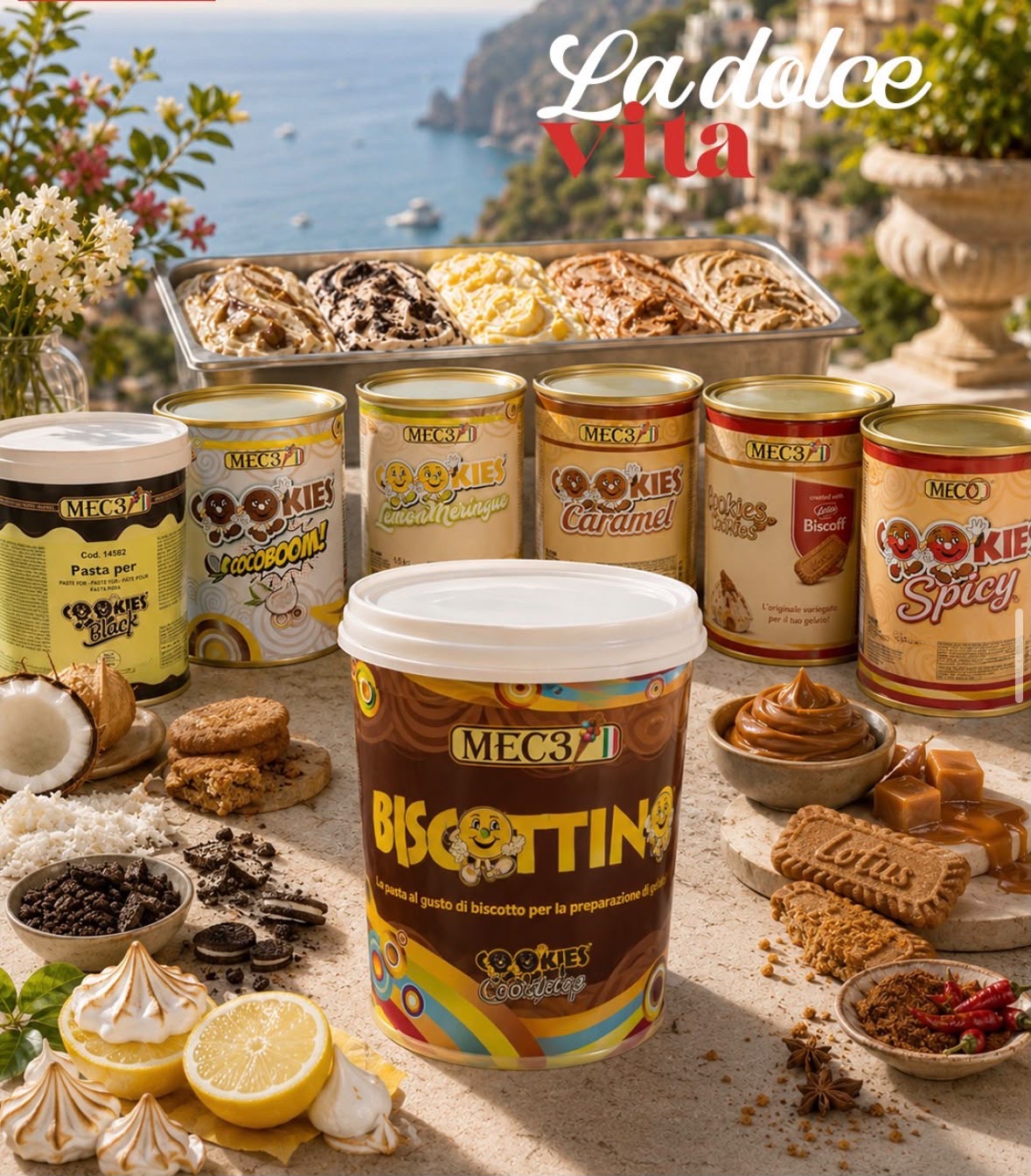 Rodina produktů Cookies od MEC3 – plechovky i kbelík Biscottin na terase u moře