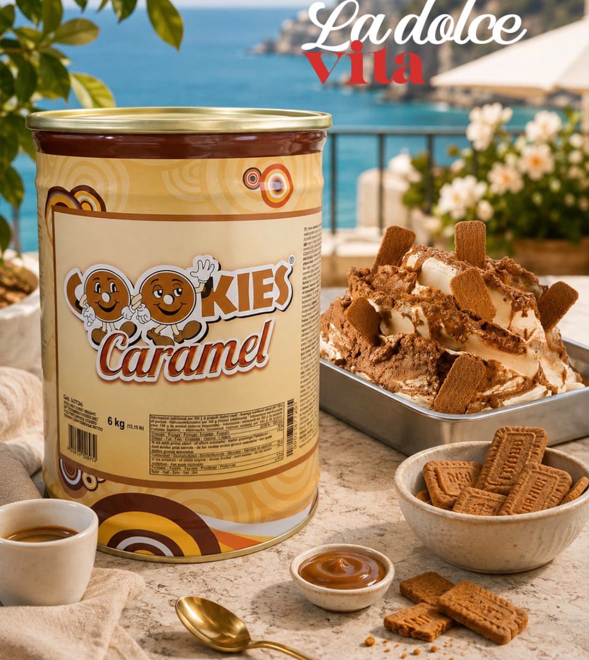 Plechovka MEC3 Cookies Caramel vedle zmrzlinového troughtu s karamelovým gelatem